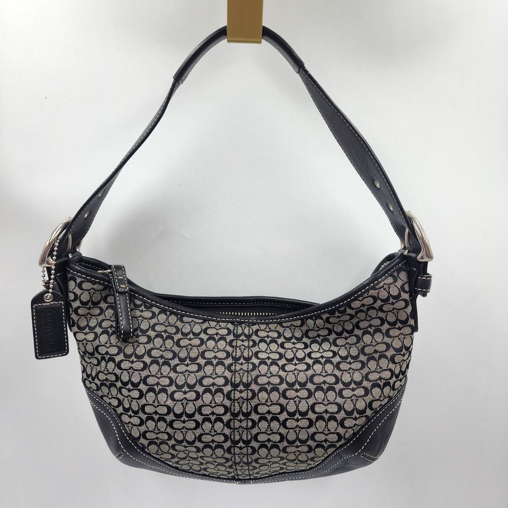 Y2K Coach Signature Monogram Hobo Shoulder Bag Soho Mini Black Canvas Baguette